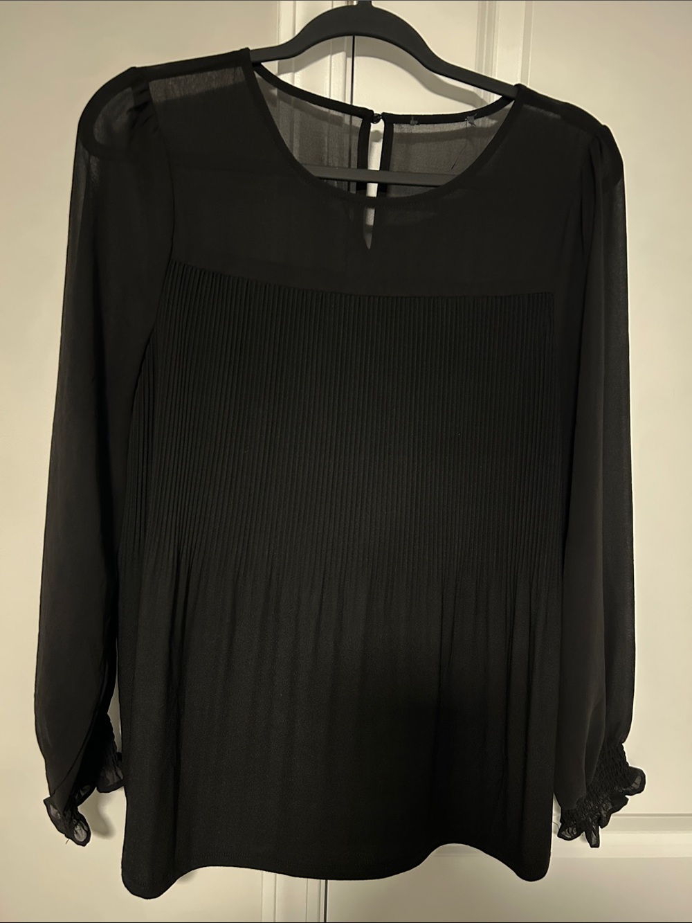 Women's Black Pleated Long-Sleeve Blouse